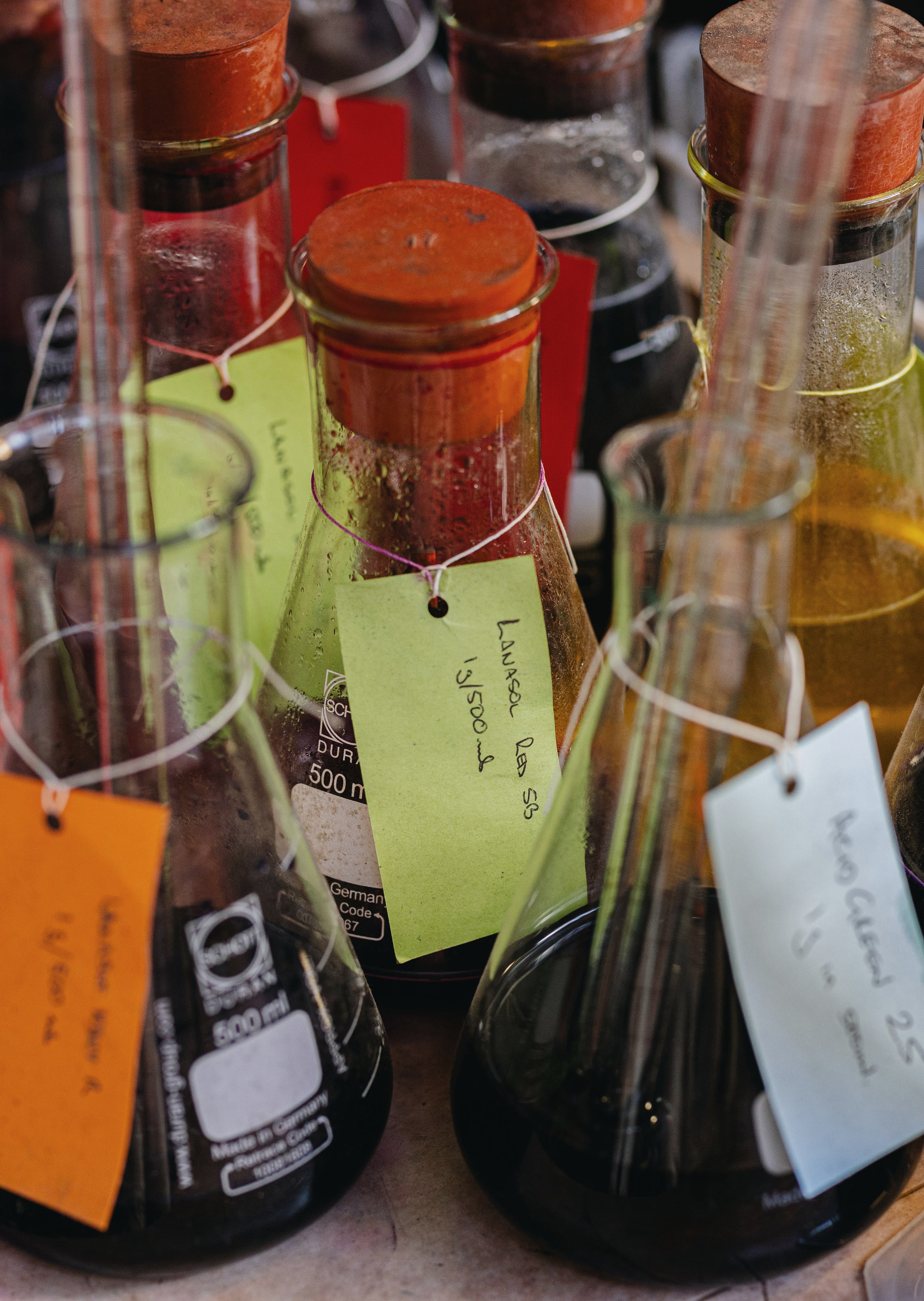 Vials of dye tests in the dye lab.