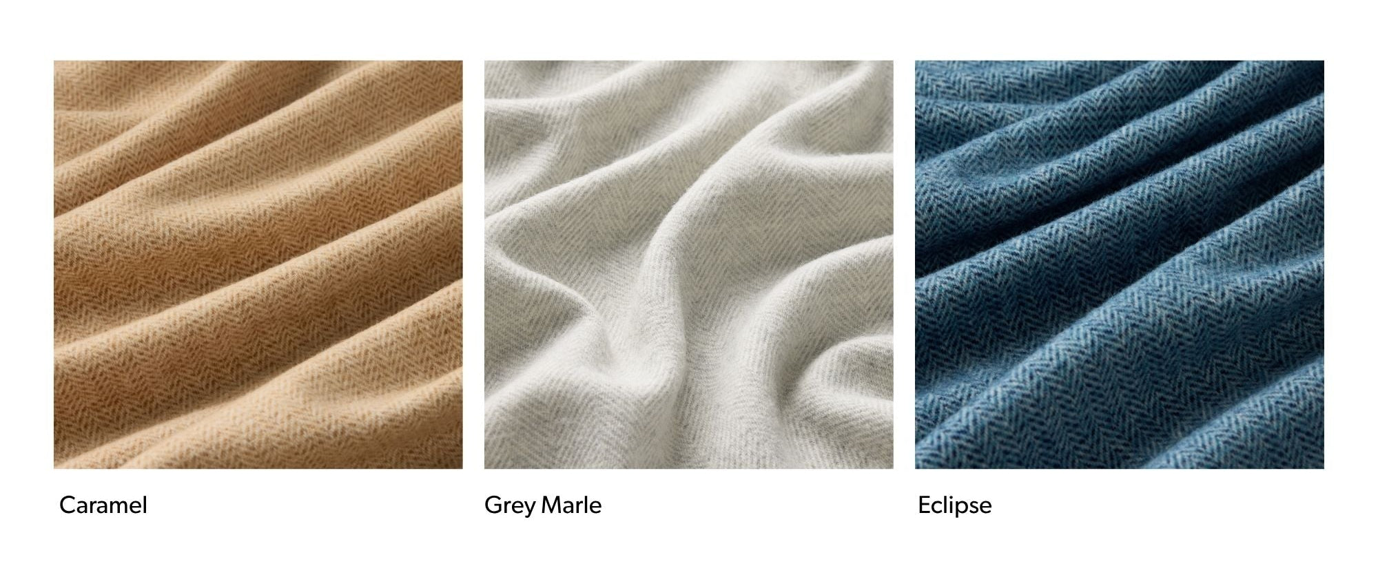 Waverley Mills' Herringbone Blankets in Caramel, Grey Marie, and Eclipse. 