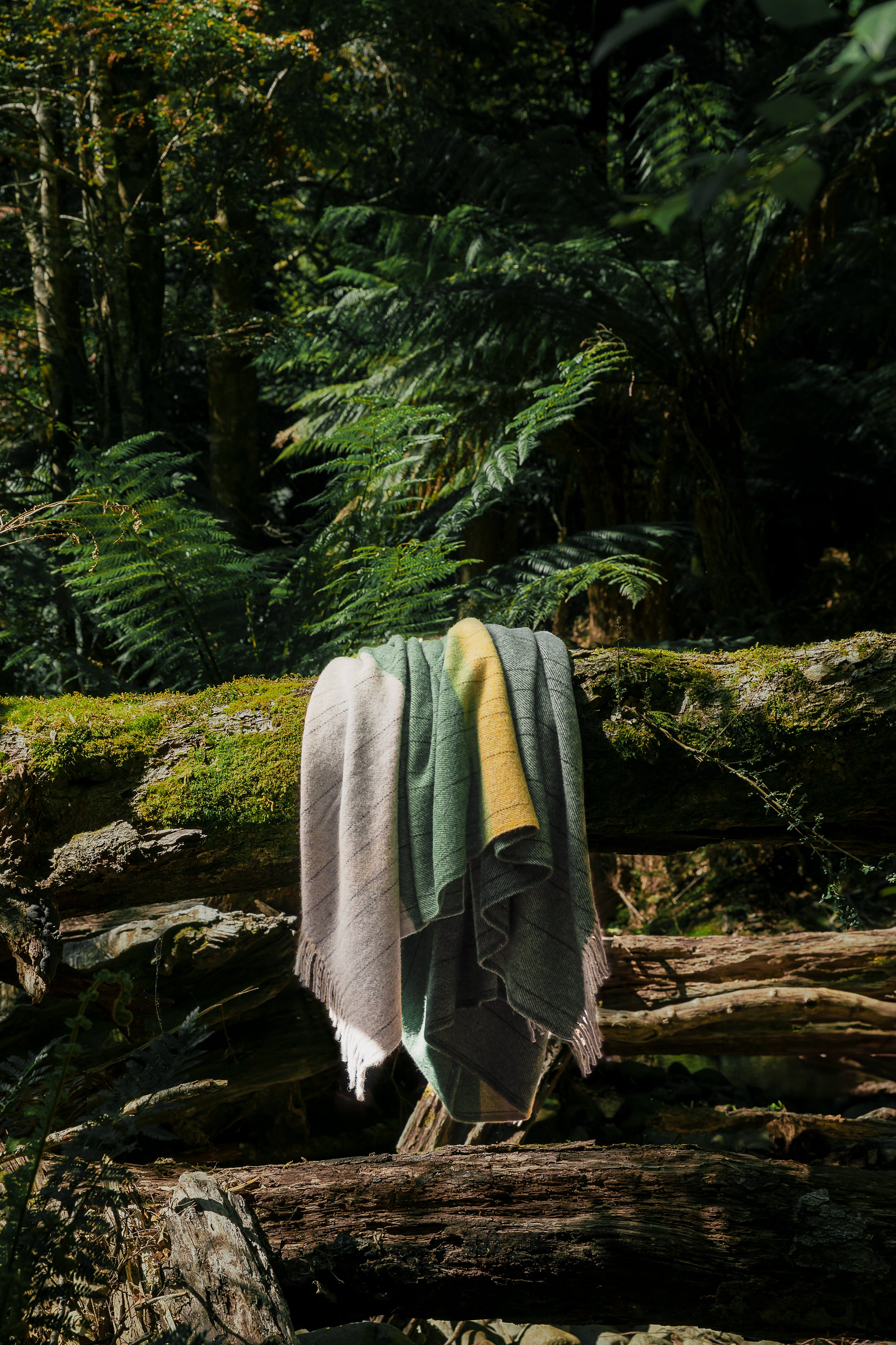 The Tarkine Forest throw draped over a mossy log in the Tarkine.