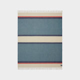 Full view of Riviera Throw in Mari, showing pattern of stripes of blue, natural, and red.
