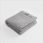Folded grey baby blanket.
