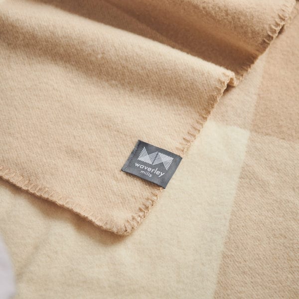 Close up of merino wool blanket Smiths Lane in sahara check.