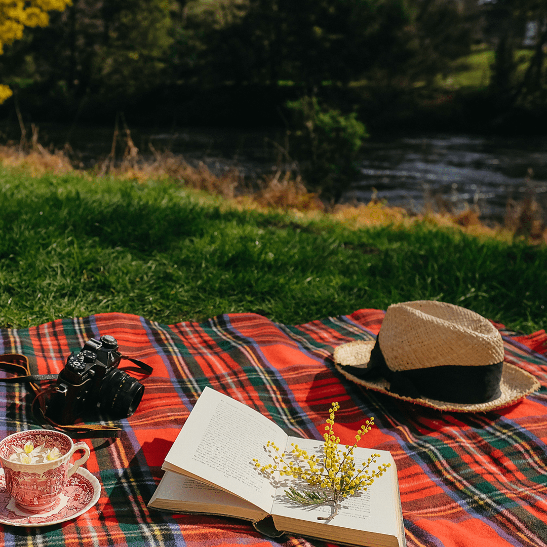 100% merino wool picnic rug set up by the river.