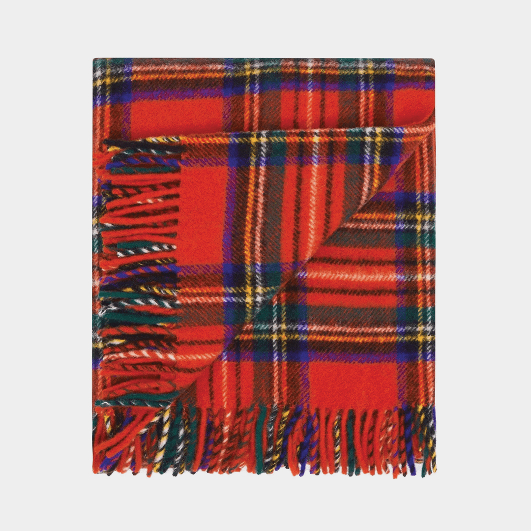 Folded traditional picnic rug in Royal Stewart Tartan.