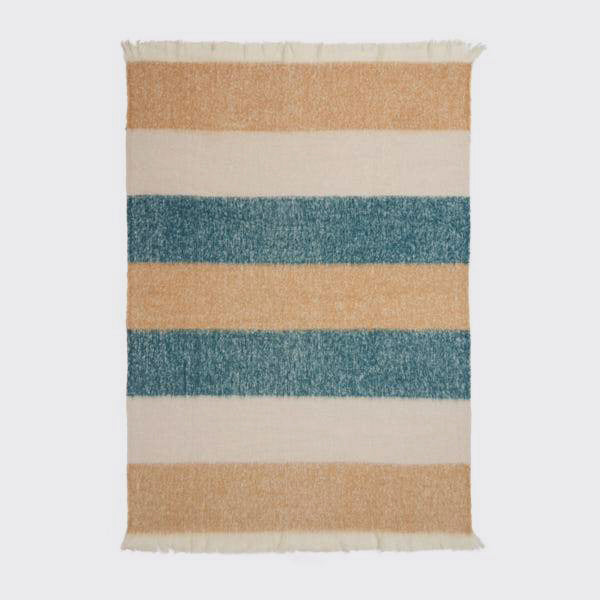 Full view of 100% alpaca striped throw in tan, green and natural.